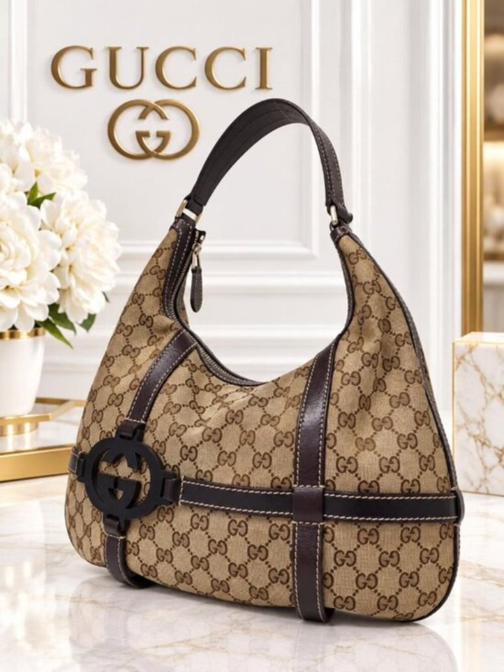 Authentic Gucci Interlocking GG Canvas Hobo Shoulder Bag Brown Leather Vintage